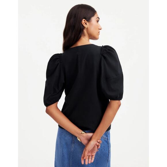 Madewell Puff-Sleeve Tee XS Black Crew Neck Cotton Relaxed Pullover Ruffle Trim - Picture 2 of 8